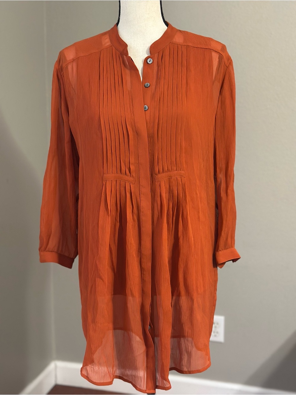 Chico's Rust Orange Pure Silk Pintuck Tunic size 2